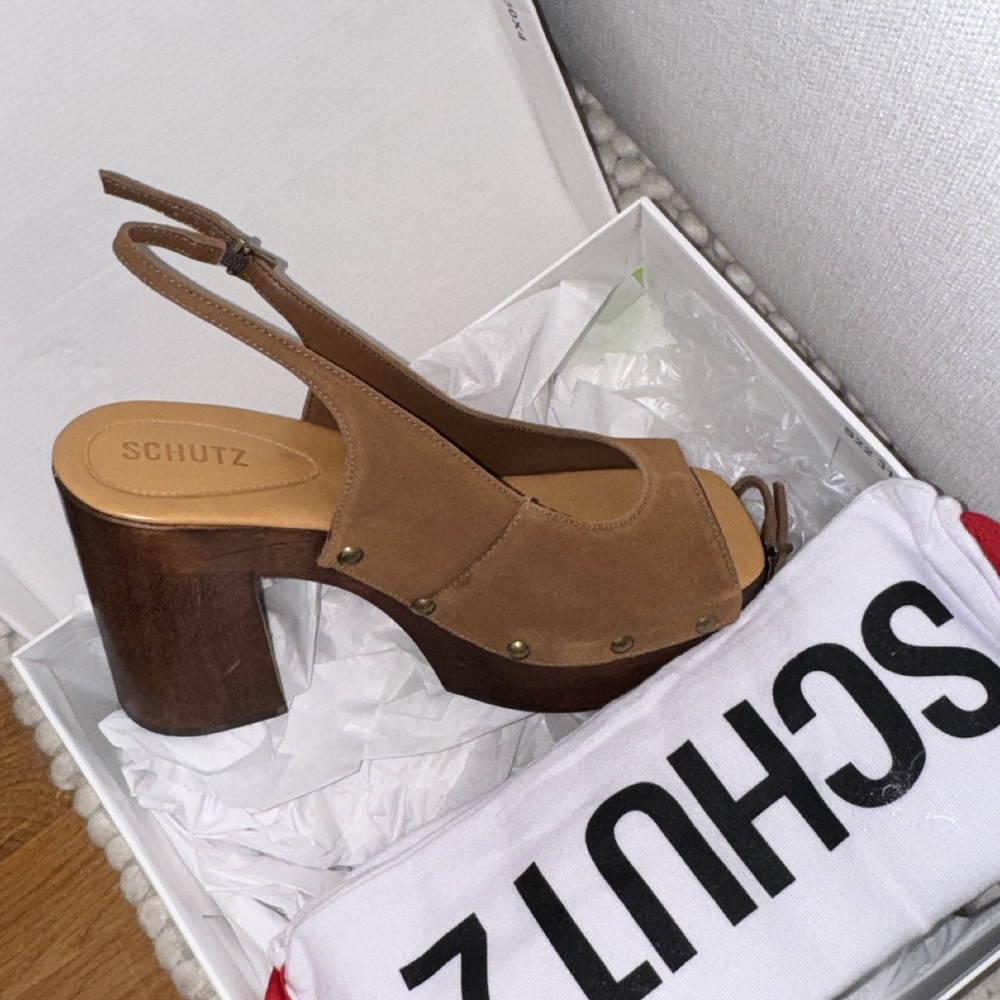SCHUTZ Brown Suede Platform Slingback Sandals with Gold Studs - Picture 2 of 2
